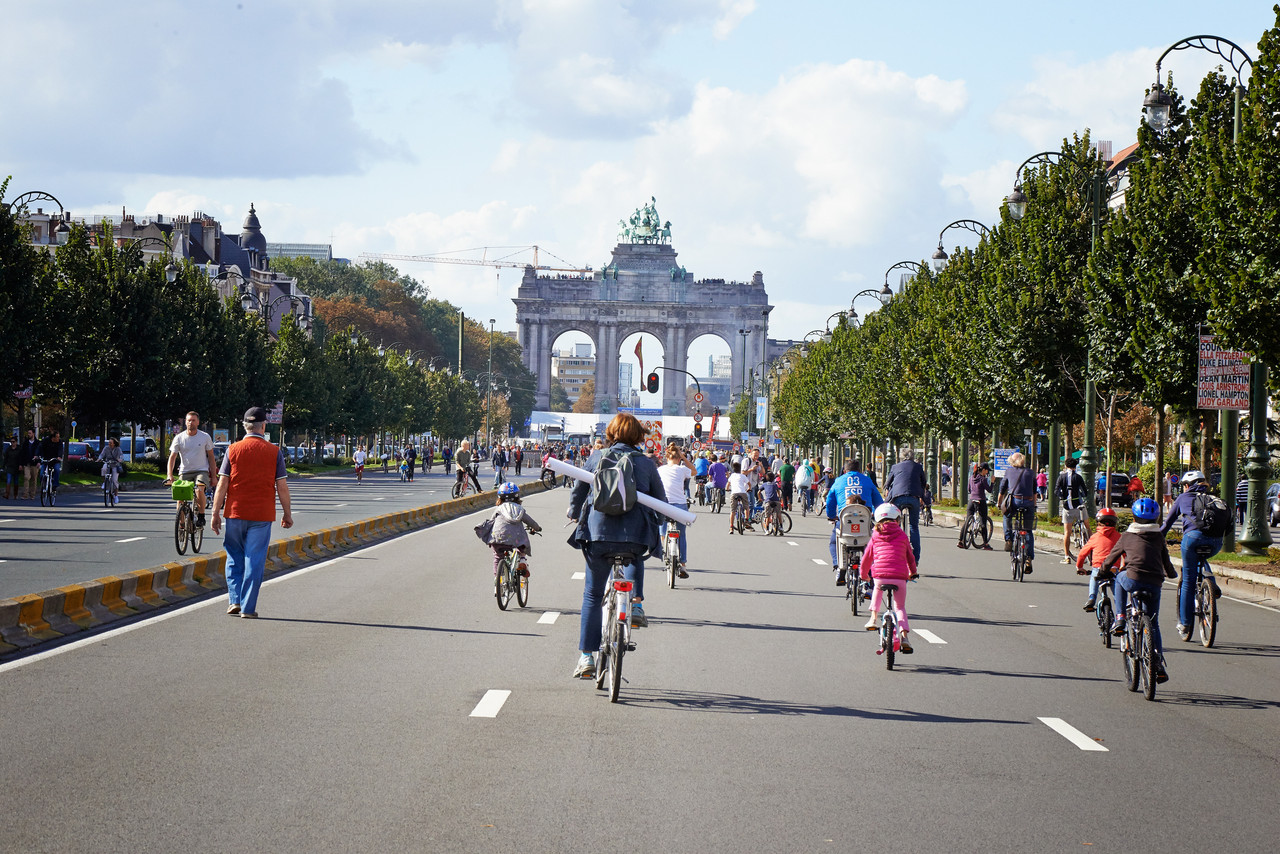 Brussels, Belgium - September 21, 2014: Bicyclist, joggers,skateboarder,horses and walkers enjoy Car Free Streets sunday on Tervueren Ave in Brussels-Belgium