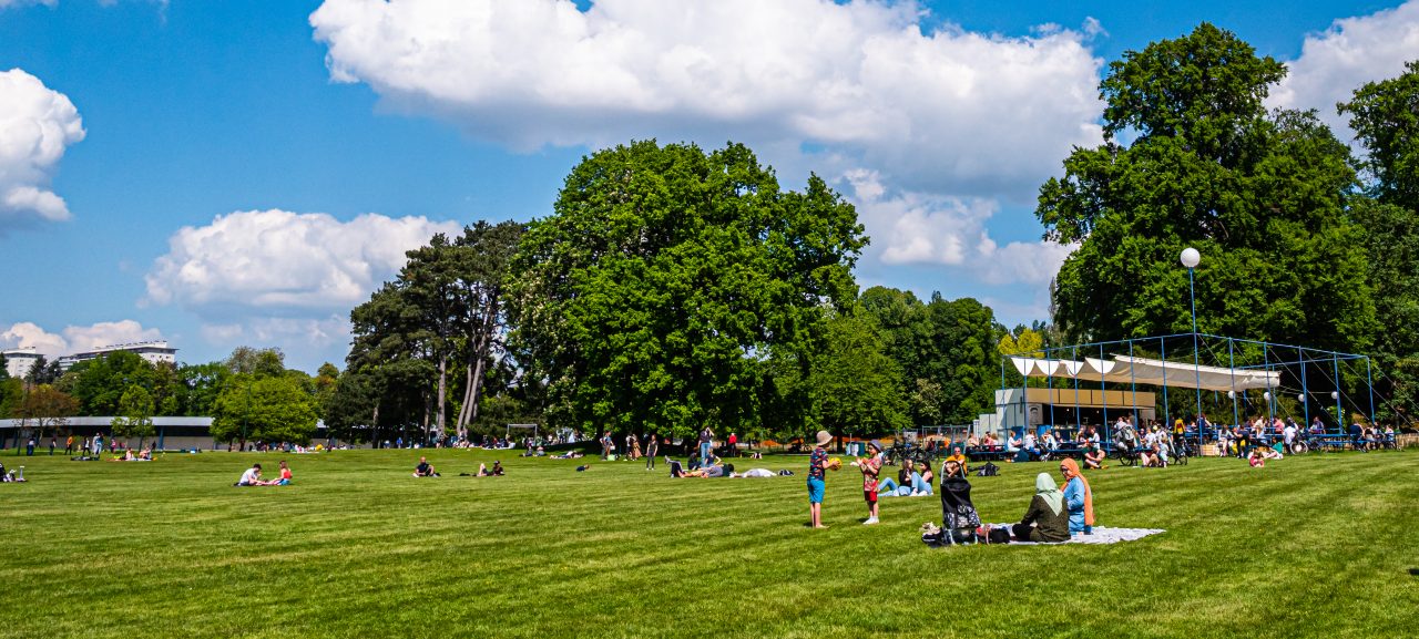 Personnes allongées sur la grande pelouse à côté du Bar André dans le parc de Laeken.